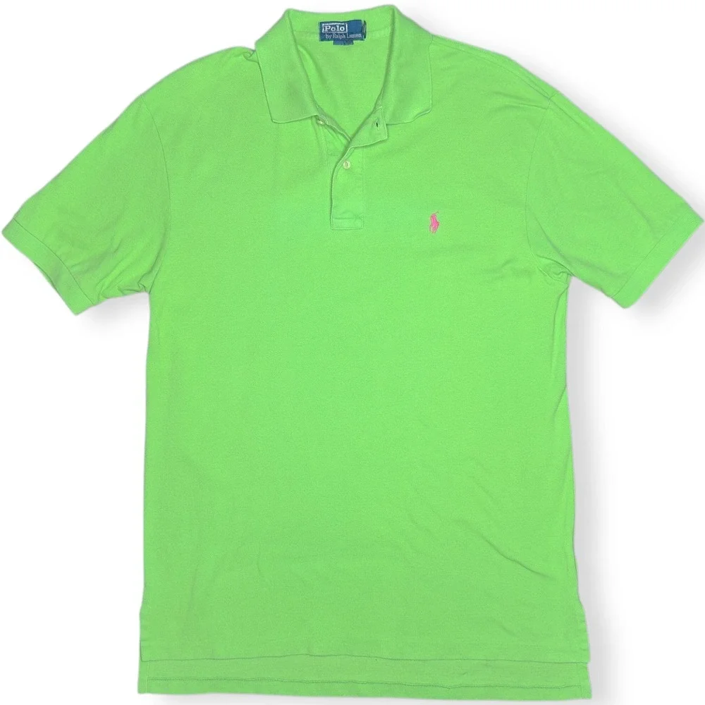 Polo Ralph Lauren Men's L Green Short Sleeve Polo Shirt Pink Pony 100% Cotton‎